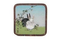 SIGNED JAPANESE CLOISONNE TRAY WITH RABBITS