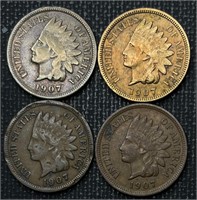 (4) 1907 Indian Head Cents