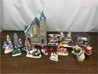 Christmas Village Church w/ Several Figurines