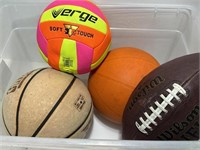 Bin of balls, basketball volleyball football