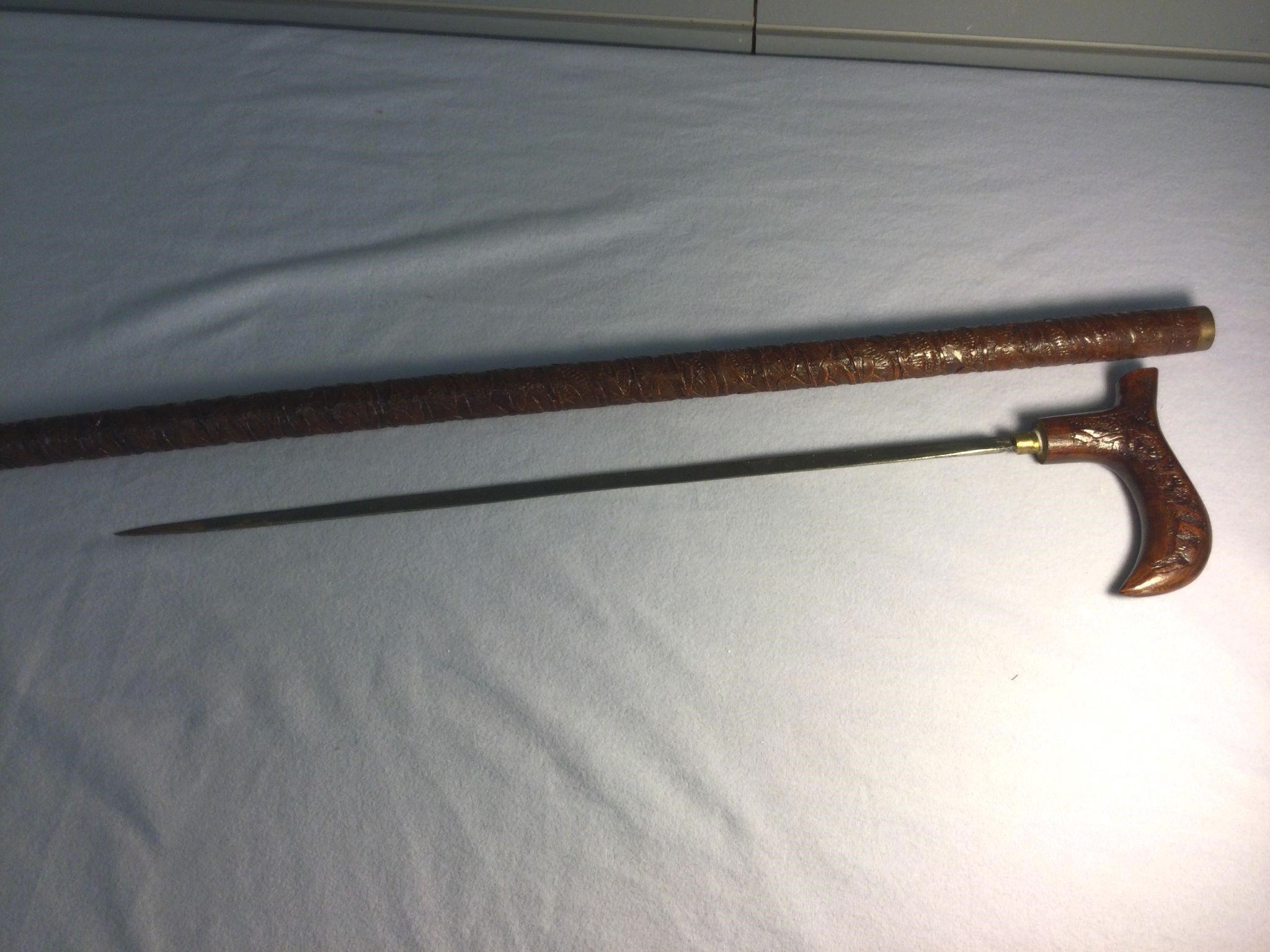 Rare Antique Hand Carved Sword Cane