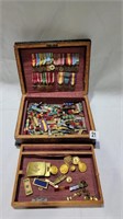 Old leather box full of military medals and more