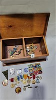 Wood box full of military medals challenge coins