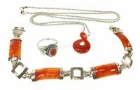 Sterling, Red Jade & Carnelian Ring, Pendant