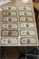 Lot of Twelve 1928 $2.00 Red Seal Note