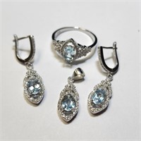 $700 Silver Blue Topaz Earring Ring And Pendant Se