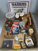 GROUP: VINTAGE TINS, TRESPASSING SIGN, PLAYING CAR