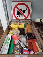 GROUP: METAL SIGNS, THERMOMETER, PENCIL TRIMMER,