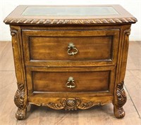 Traditional Carved Inlaid Marble Top Bedside Chest