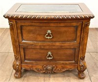 Traditional Carved Inlaid Marble Top Bedside Chest