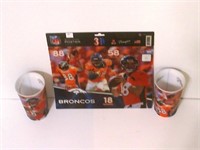 2 Bronco cups and a 3D poster