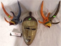 BRASS COVERED TRIBAL MASK AND 2 SIGNED BIRD PCS