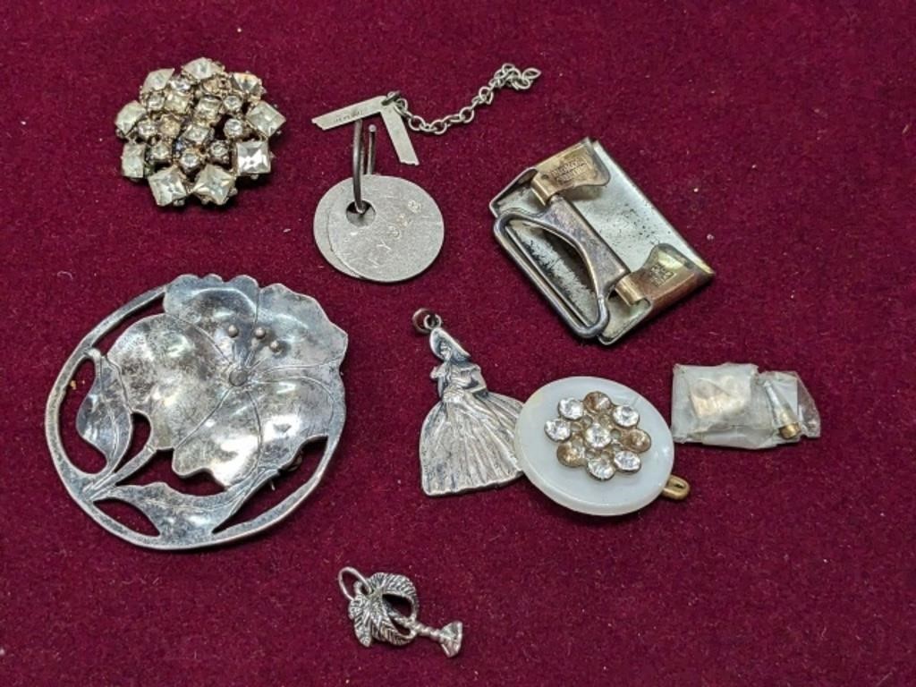 GROUP OF PINS, BUCKLES, FINDINGS - SOME STERLING