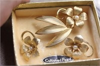 Cultured Pearl Brooch and Earrings Suite