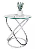 EN TABLE CHROME WITH CLEAR GLASS TOP.