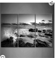 Black and White Sea Wave Rush Into Stone Wall Art