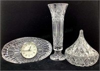 (3pc) Waterford Crystal Clock, Bud Vase,candy Dish