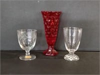 Fostoria Red Bud Vase and 2 Juice Glasses