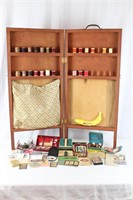 Vtg. Wood Display Sewing Cabinet & Sewing Kits+