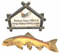 Signed Carved Wood Fish, Business Hours Sign