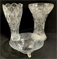 (3pc) Glass Vase & Bowl, Large Cut Glass Vase