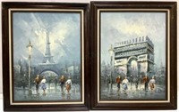 (2pc) Vernen Signed Paris Cityscape Oil On Canvas