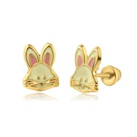 14k Gold & Enamel Bunny Screw Back Stud Earrings