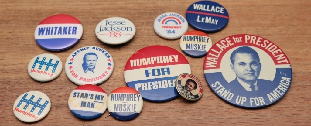 Political Buttons- Jesse Jackson, Wallace + (13)