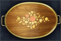 Mid Century Italian Wood Inlaid Floral Serving Tra