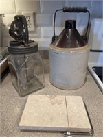 Vintage Pottery Jug, Butter Churn, and Cheese