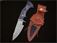 Handmade Damascus Steel Knife With Leather Sheath