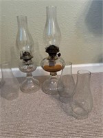 2 glass oil lamps w/ extra hurricane chimneys