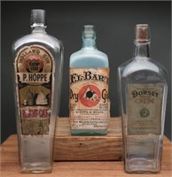 Antique Gin Bottles- P. Hoppe, El-Bart + (3)