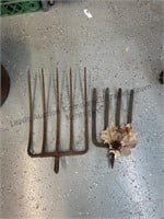 2 vintage pitch forks tines no handles