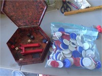 Old Bakelite container with dice and poker chips