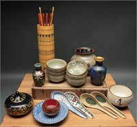 Asian Tea Cups, Chopsticks & Cloisonne Vases +