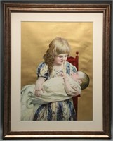 Vtg Girl & Baby Offset Litho- Hand Painted Details