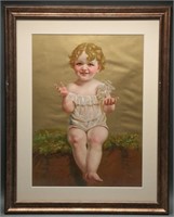 Vtg Offset Lithograph Baby- Hand Painted Detail