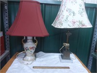 2 medium size lamps one white flowers and brown