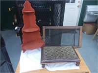 Old window screen, small foot stool, small red