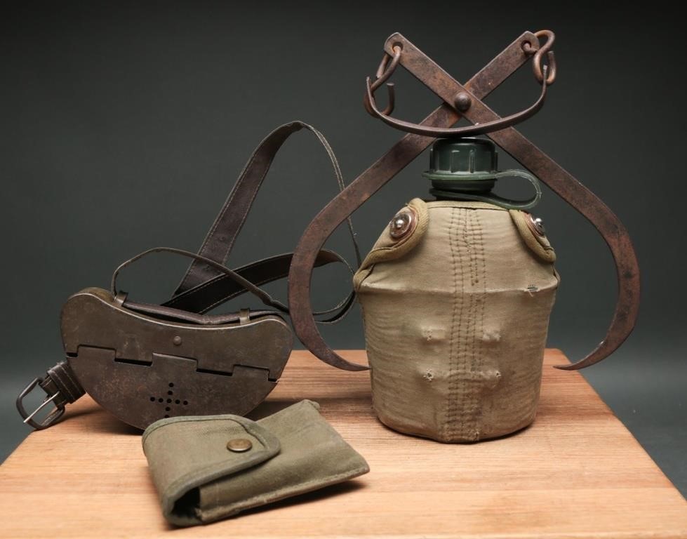 Vintage 1956 Military Canteen & Pouch, Ice Hook +