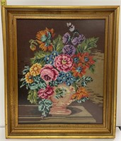 Framed Floral Cross Stitch / Needlepoint - Vintage