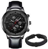 Deyros Men's Black Leather Watch & Bracelet