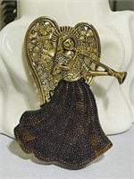 Vintage angel Playing  Horn brooch  2.75" Tall
