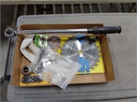 torque wrench, 8 1/4" saw blade, shoe strings,