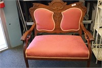 ANTIQUE WOOD AND FABRIC SETTEE