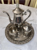 vintage chrome metal 4 pcs tea set - teapot,