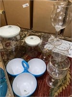 Plastic wine glasses, plastic veggie tray and