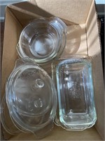 Box of clear Pyrexx and fire king baking dishes ,
