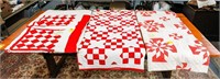 (3) Quilts; Red and White Square Pieced Hand